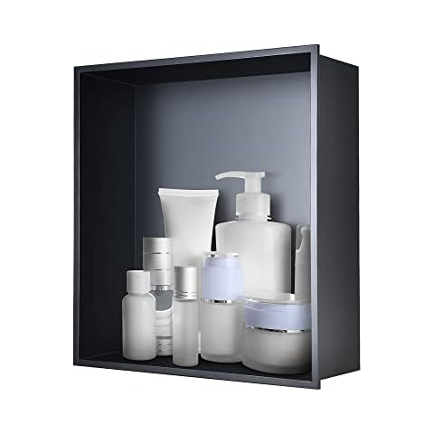 HTLOTUS Stainless Steel Shower Nich ， Bathroom Recessed Shower Niche，12.5×12.5×4.7”Black No Tile Needed Recessed Shower Shelf for Bathroom Storage,Flush Mount Shower Niche Cover