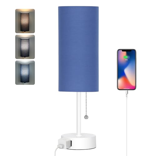 Dott Arts Table Lamp for Bedroom, 3-Color Bedside Lamps with Pull Chain, Bedroom Table Lamps for Nightstand,AC Outlet Small Lamp for Living Room, Bulb Included Blue