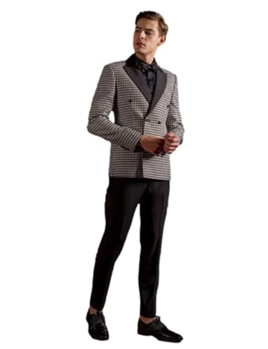 Costume Homme Deux Pièces Veste Pied-de-Poule Double Boutonnage Pantalon Uni Mariage Fête