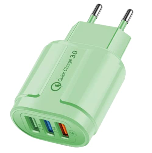 18W Cargador rápido QC 3.0 con 5V 3A USB A Ideal para Carga Rápida de Móvil y Tablet Compatible con Apple (iPhone 14,13,12,11,X,8,7) Huawei Samsung S22, S21, S20 Xiaomi LG HTC (3 USB-A, Verde) Cover
