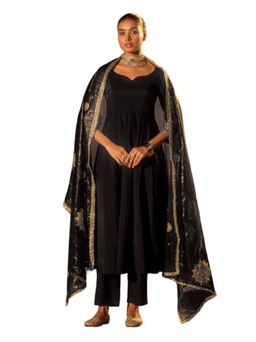 Image of FIORRA Women's Black Viscose Chanderi Embroidered Ethnic Anarkali Kurta Set with Dupatta
