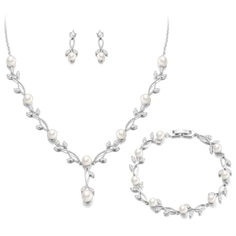 Crysdue Wedding Jewelry Set for Brides Bridesmaid, Silver Plated Stunnig Cubic Zirconia Simulated Pearl Teardrop Leaf Cluster Pendant Necklace Bridal Tennis Bracelet Drop Earrings Set for Women Cover