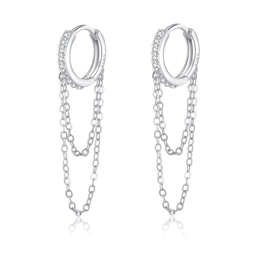 Reffeer 925 Sterling Silver CZ Chain Hoop Earrings Dangle Chain for Women Teens Dangle Earrings Tassel Hoop Earrings