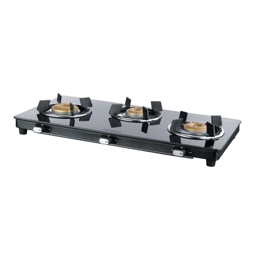 Image of USHA Ebony Neo Slim 3 burner (EBNSL3RGC) with stainless steel body, glass cooktop, large space for parallel cooking, and removable drip tray