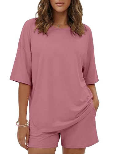 Image of Ekouaer Women's Two Piece Lounge Set Oversized Boxy T-shirt Casual Short Sets Summer Travel Matching Set 2026 Fashion