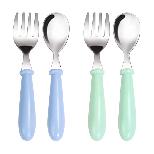 Lot de 2 ustensiles pour bébé - Cuillère et fourchette, couverts pour bébé - Cuillère et fourchette - Pour la maison et les voyages - Bleu et vert Cover
