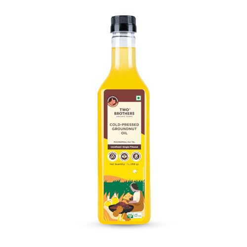 Two Brothers India Farms Certified Glyphosate Free Groundnut Oil 1L | Cold Pressed Kacchi Ghani | Unrefined Single-Filtered | Natural Shengdana Oil for Cooking & Frying | Rich Nutty Aroma