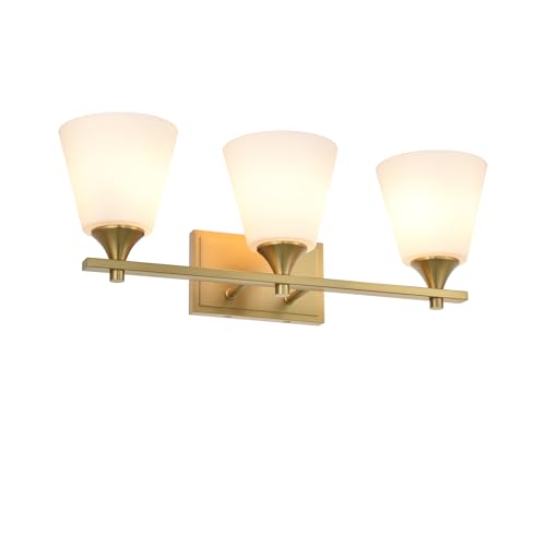 Image of Brass Bathroom Vanity Light Fixtures, 3 Lights Traditional Gold Vanity Lighting Fixture with Opal Glass Shade, Porch Wall Mount Light Fixture for Bathroom, Mirror Cabinets Hallway Stairs, Aged Brass