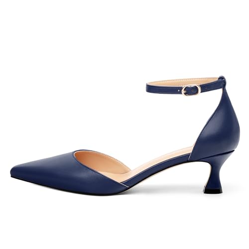 Women's Low Kitten Heel Closed Pointed Toe Pumps Matte Ankle Strap Buckle Wedding Party Dress Shoes for Women 2 Inches2