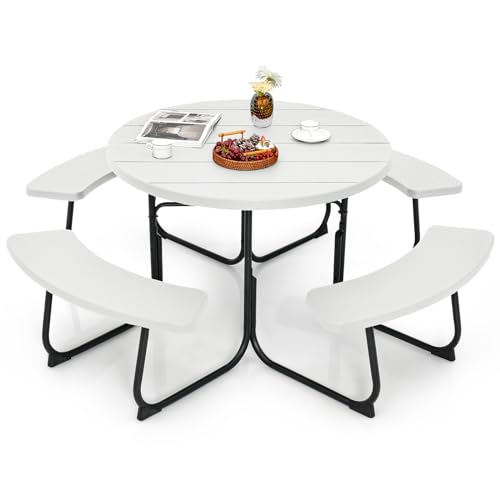 Image of Tangkula 8 Person Picnic Table, Outdoor Round Picnic Table with 4 Built-in Benches, Umbrella Hole, Metal Frame & HDPE Tabletop, Outside Table and Bench Set for Backyard, 2300lbs Weight Capacity