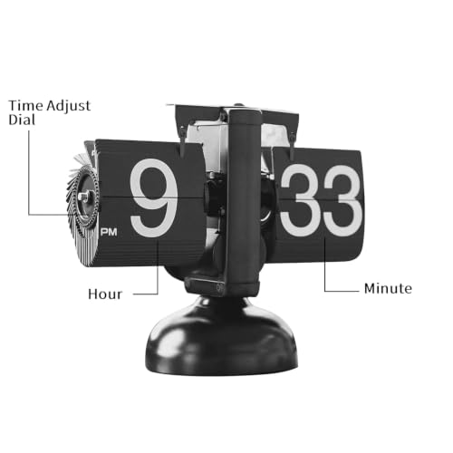 Metal Flip Desk Clock (Black), Retro Vintage Design Auto Flip Clock Desk Clock Table Clock Large Number Battery Powered Internal Gear Operated - Analog, 8.3 Inch - Image 3