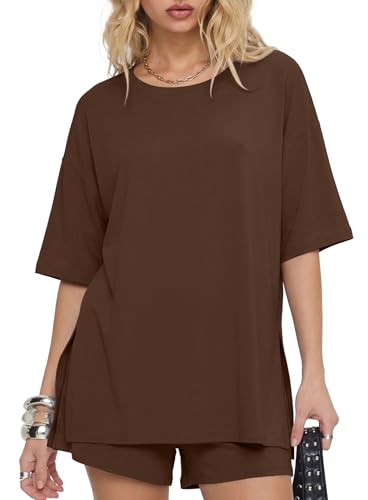 Image of Darong Women's 2 Piece Shorts Set Loungewear | oversized tshirts,crew neck top,drawstring shorts,elastic waist, side pockets,summer travel outfits
