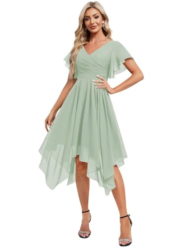 Asymmetrical V Neck Ruched Chiffon Bridesmaid Dresses Short for Women Flutter Sleeve Formal Party Gowns with Pockets