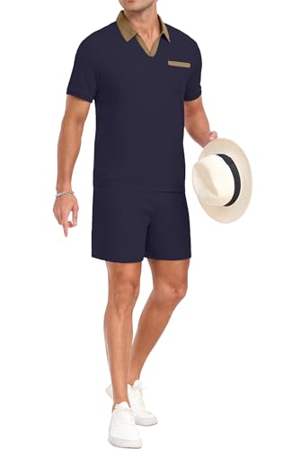 PrinStory Men's Summer Track Suits Waffle Knit Polo Shirt and Shorts Set Casual 2 Pieces Outfits with Pockets2