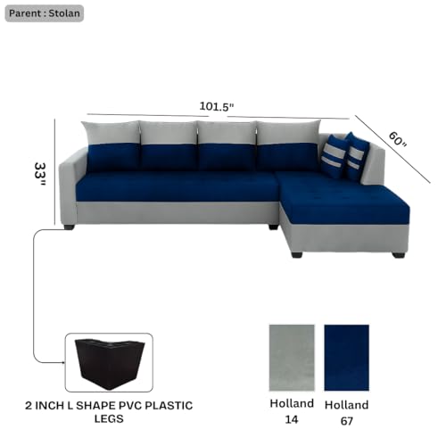 Image of FURNY Stylecon 6 Seater Fabric RHS L Shape Sofa Set (Blue-Light Grey) | Premium Velvet Finish | Durable Comfort | Ideal for Living Room