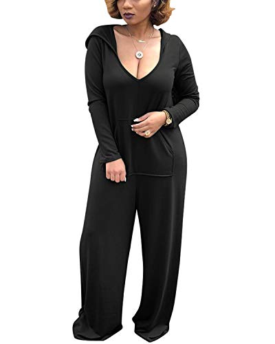 BONESUN Women V-Neck Jumpsuits Casual Loose Hoodie Long Sleeve Jumpsuits Rompers with Pocket Black L BONESUN Women V-Neck Jumpsuits Casual Loose Hoodie Long Sleeve Jumpsuits Rompers with Pocket Black L