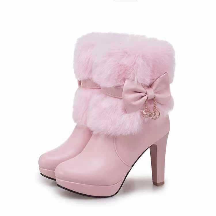Womens Furry Chunky Heel Ankle Boots Leather Plush Edge Round Toe High Heel Winter Warm Short Boots