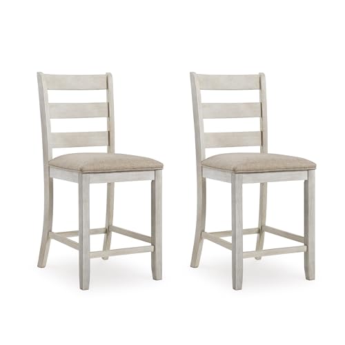 Signature Design by Ashley Skempton | 2-Count 24' Counter-Height Upholstered Bar Stools – Coastal Chic Ladder-Back, Antique White