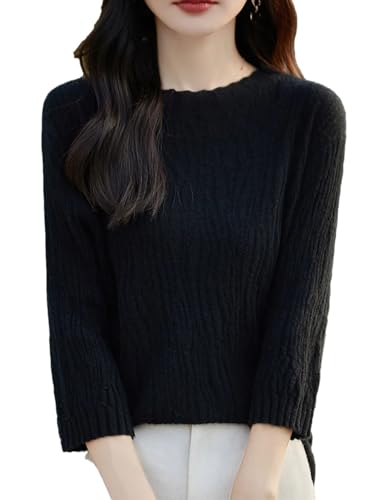 Women's Merino Wool Sweaters Crew Neck Pullover Textured Knit Three Quarter Sleeve Spring Autumn Base Layer Top