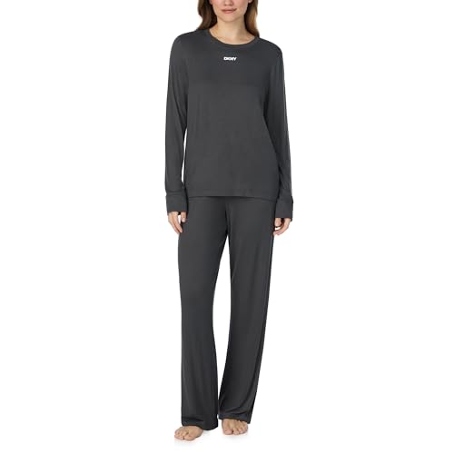 Image of DKNY Womens Sleepwear & Loungewear - Next Gen Classics Collection - Soft Jersey Long Sleeve Crewneck Pajama Top & Pants Set, Charcoal, XL