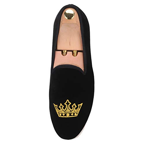 FERUCCI Men Plain Black Velvet Slippers Loafers with Gold Crown Wedding Prom