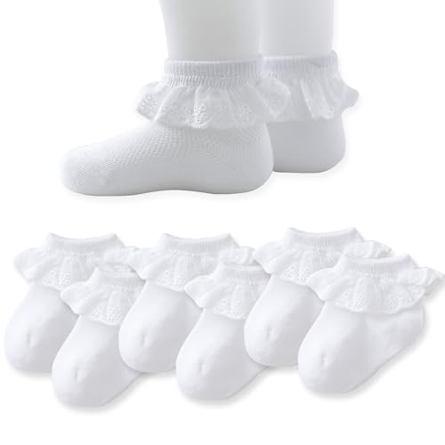 Image of EPEIUS Baby Lace Socks Newborn Girl Eyelet Ruffle Socks Infant Toddler Dress Crew Sox 0-6/6-12/12-24 Months