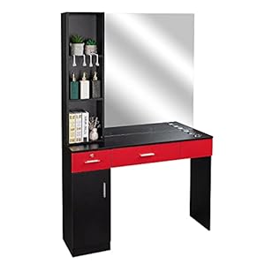 Barber Station Wall Mount Salon Hair Styling Beauty Spa Equipment w/Mirror, 2 Drawers, 1 Storage Cabinet, 3 Open Shelves (Black&Red)