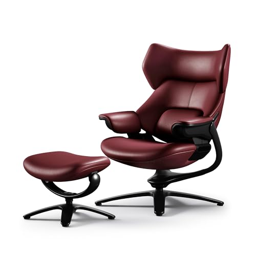 Image of TOMU Genuine Leather Reclining Swivel Chair with Adjustable Headrest and Ottoman for Living Room, Executive Office, Bedroom and Study. Real Leather Luxury Recliner for Reading and Relax (Red)