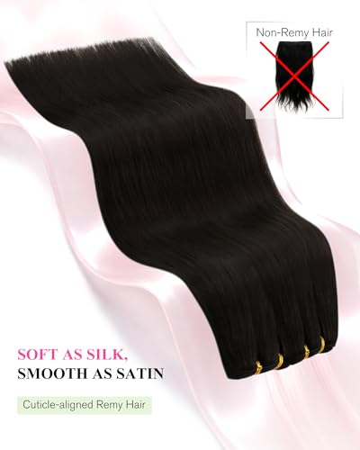 Image of YoungSee Human Hair Sew in Extensions Darkest Brown Hand Tied Weft Hair Extensions Human Hair Dark Brown Sew in Hair Extensions Short Straight Hair 14Inch 70G