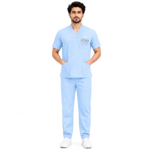 Image of Unisex Medical Scrub Suit Set, V-Neck Top with Pants, Short Sleeve, Polyester Cotton Blend, 7 Pockets, Regular Fit, Hospital Doctor Nurse Uniform