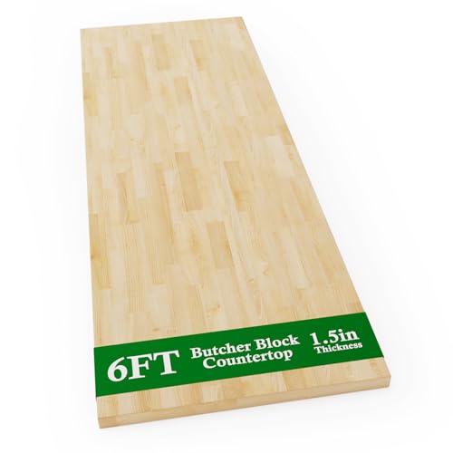 6Ft Butcher Block Countertop Birch Solid Wood - 72 X 25 Table Top Butcher Block Cutting Board For Kitchen Island Living Dining Table Office Desk Workbench Washer Dryer Countertop Unfinished 1.5 Th