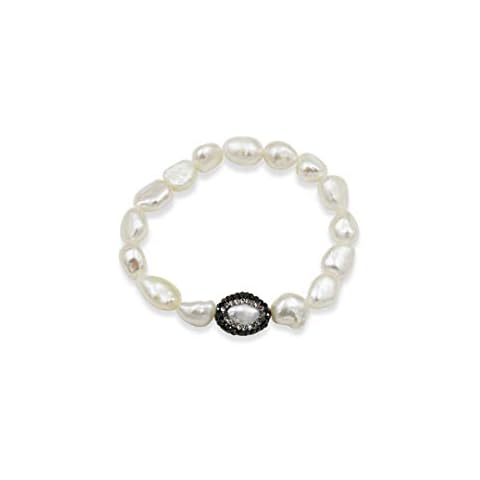 Genuine White Baroque Shaped 9-10MM Cultured Fresh Water Pearl Beaded Stretch Bracelet with A Druzy-Pave Cultured-Fresh Water Pearl in Center Cover