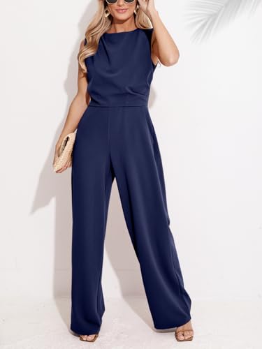 CUPSHE Damen Jumpsuit Rundhals Ärmellos Overall Plissee Weite Beine Playsuit mit Taschen Elegant Hosenanzug