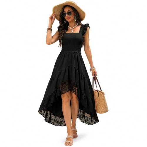 VBCVAE Womens Summer Sundress Casual High Empire Waist Lace Dresses Black M