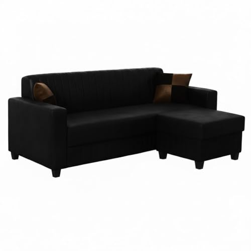 Image of FURNY Gracina 4 Seater L Shape Sofa Set with Movable Ottoman | Flexible Left or Right Layout | Premium Leatherette Upholstery (Black) | Perfect for Living Room, Guest Room & Office
