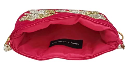 Image of Velvet Potli Bag with Golden & Silver Beaded Flower Embroidery - Handcrafted Ethnic Drawstring Bag for Weddings, Parties & Festive Gifts - Beaded Handle & Tassels for Women