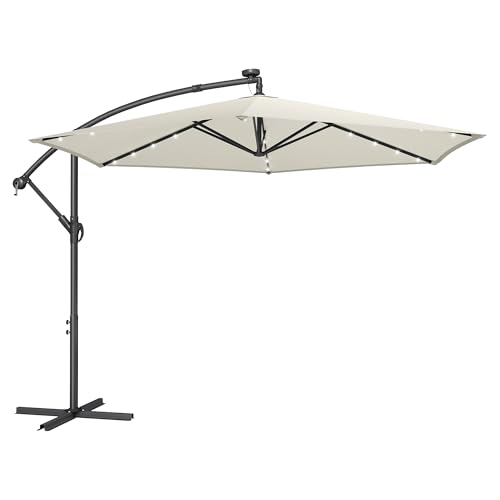 SONGMICS Sombrilla para Balcón con Iluminación LED Solar, Brazo de 350 cm de Diámetro, 32 Luces, con Base, Parasol UPF 50+, con Manivela, para Terraza, Jardín, Beige GPU119LZ01