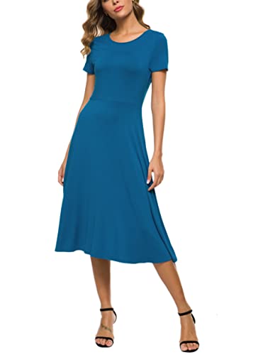 Image of EXCHIC Women's Casual Round Neck Short Sleeve Midi Dress Solid Stretchy Waist Knee Long Dress