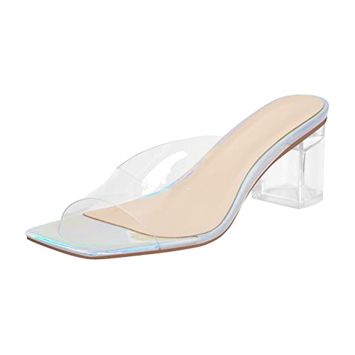 Transparent Clear Chunky Heel Square Toe Sandals Backless Open Toe Slip on Mules Holographic Slipper Dress Shoes3