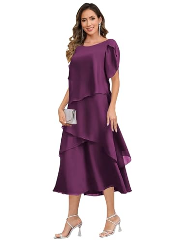Tea Length Mother of The Bride Dresses for Women Short Sleeve Chiffon Tiered Formal Dress4