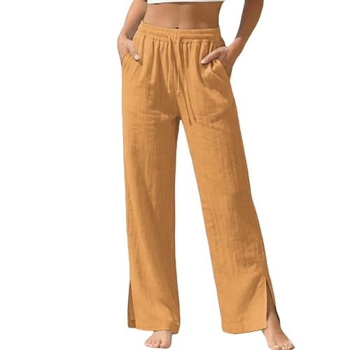 Pantalones Mujer Verano Lino de Algodón Casuales Solid Largo Pantalon Cintura Alta Elástico Pantalón con Bolsillos Ligeros y Cómodos Anchos Palazzo Pantalones Playa Vacaciones