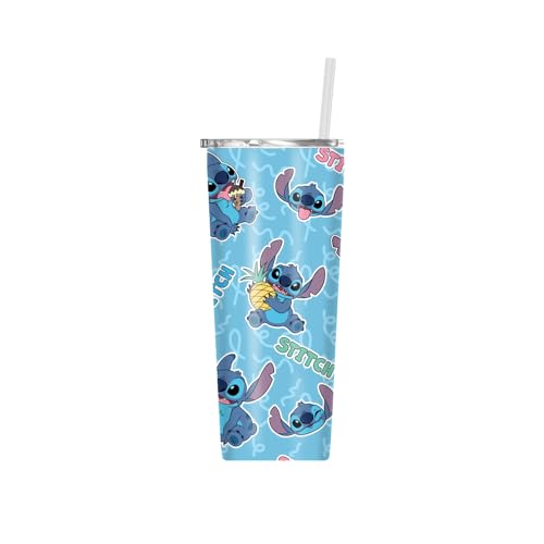 Image of Silver Buffalo Disney Lilo and Stitch Snacking and Expression Double Walled Stainless Steel Tumbler with Straw, 22 Ounces