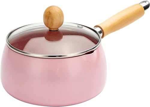 CHFYIJYHM Olla de leche antiadherente, mini cacerola con tapa de cristal, boquilla de vertido y mango de madera para inducción, cocinas de gas y eléctricas, diámetro de la boca: 16 cm