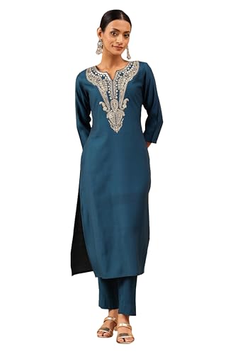 Kurta droite brodée en soie Janasya bleu turquoise pour femme