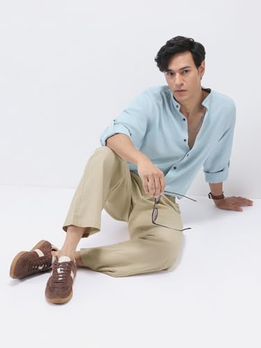 Image of Urbano Fashion Men's Loose Fit Solid Linen Blend Trousers Non-Stretchable