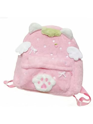 OATSBAS Womens Y2K Kawaii pink Plush Backpack Bunny and Cat Ear Bow Paw Print Wings Cute Fluffy Daypack (Cat One size)