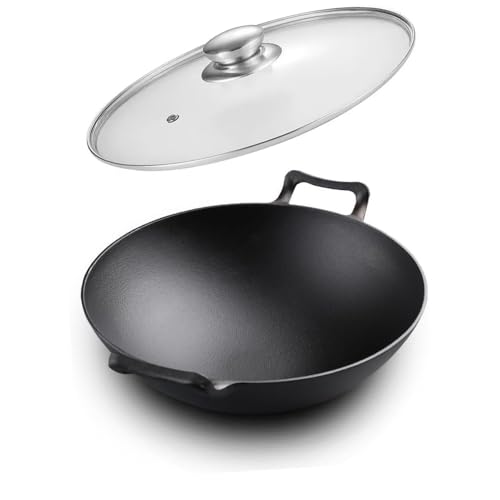 VONOTO Cast Iron Wok with Handles, Cast Iron Grilling Fry Skillet (Wok with Lid 12 inch)