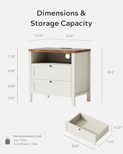 Image of EYYTHUNG Modern Nightstands Set of 2 with 2 Drawers Wooden End Table with Charging Station Farmhouse Night Stand Bedside Side Table with Storage Open Shelf for Bedroom, Rustic White and Honey Brown