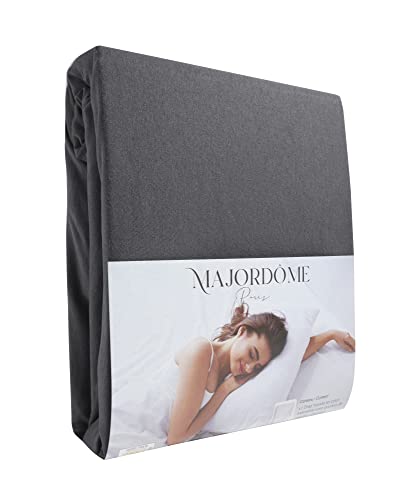 Majordôme - Drap Housse 160 x 200 + 30 cm - 100% Coton Doux en Jersey Extensible 145 GSM certifié Oekotex - Elastique 360° et Grand Bonnet pour Matelas épais jusqu'à 30 cm de Haut - Gris Anthracite