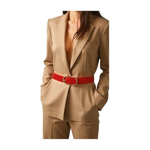 Women Red Basket Weave Faux Leather Waistband Fashion Belt Gold Metal Buckle Adjustable S M2